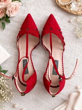 SJP by Sarah Jessica Parker Red Suede Strappy Heels – Size 37